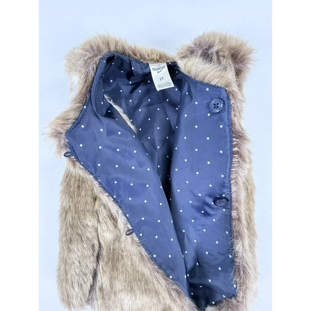 OshKosh B'gosh Girls 2T Brown Faux Fur Vest Polka Dot Lined Fall Winter Holiday